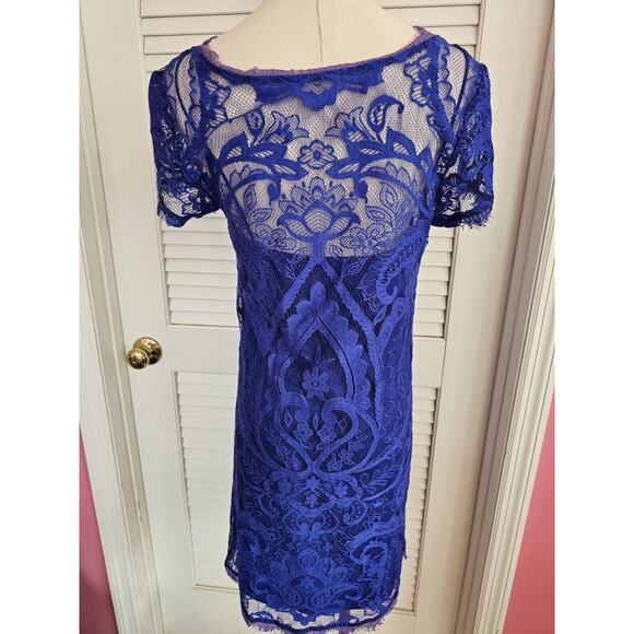 Artelier Nicole Miller Royal Blue Lace Sheath Dress Fringe Ladies Small 2 4 - Picture 3 of 5